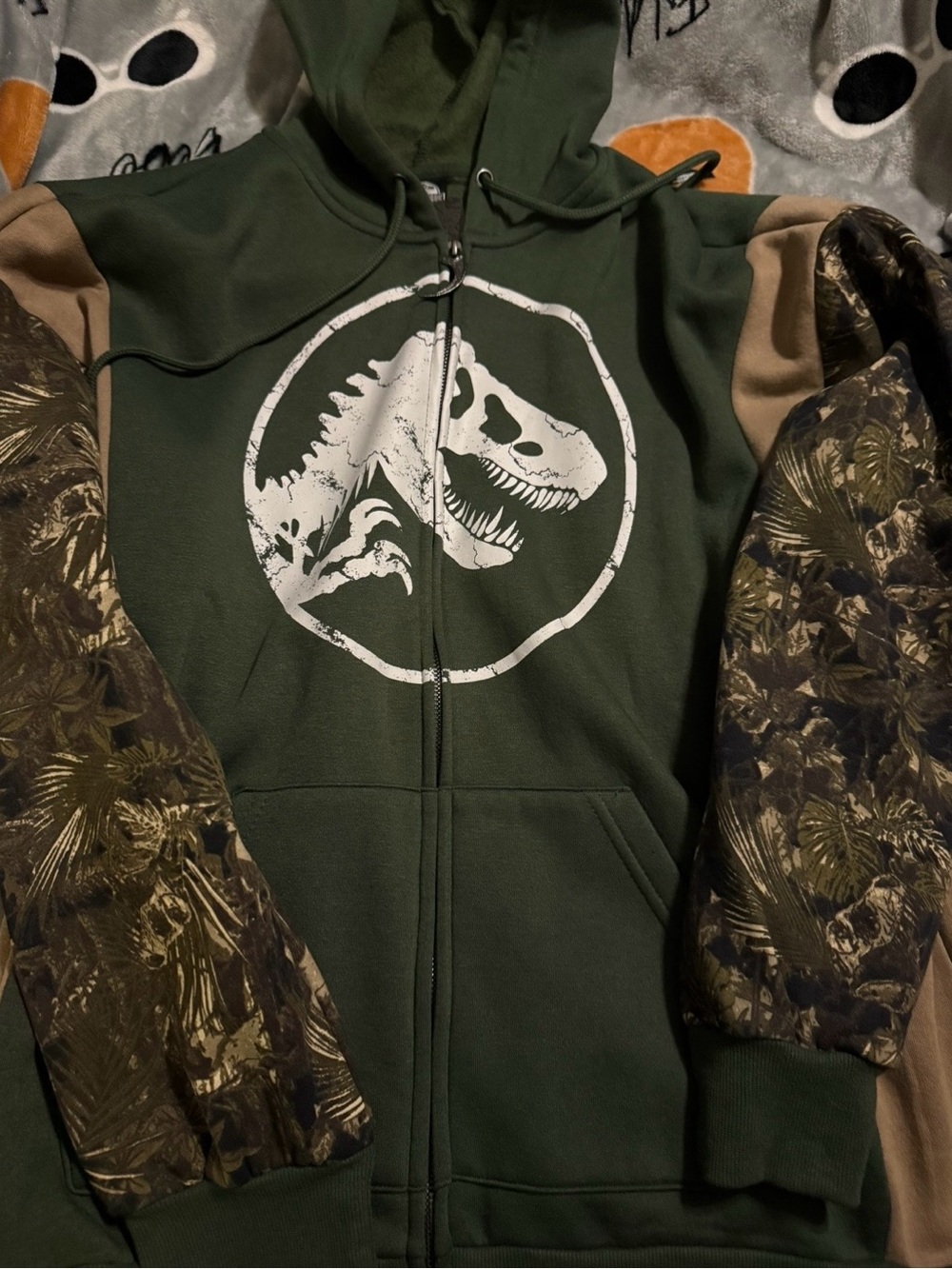 Forest Green Dino Graphic Zip Hoodie with Camouflage Sleeves